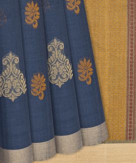 Steel Blue Handloom Village Cotton Saree With Flower Motifs

