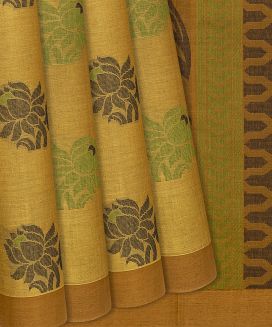 Olive Green Handloom Village Cotton Saree With Flower Motifs
