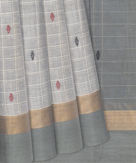 Grey Handloom Village Cotton Saree With Checks And Kamalam Buttas
