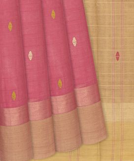Pink Handloom Village Cotton Saree With Checks And Kamalam Buttas
