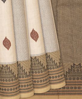 Beige Handloom Village Cotton Saree With Temple Border And Traditional Motifs
