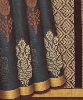 Dark Brown Handloom Village Cotton Saree With Traditional Motifs
