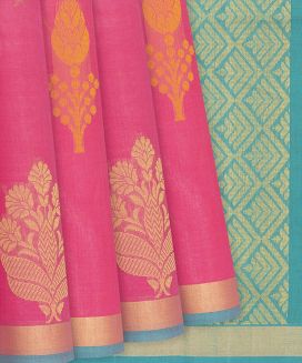 Pink Handloom Village Cotton Saree With Traditional Motifs
