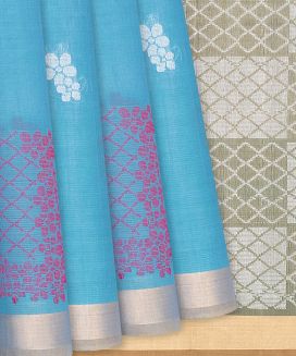 Sky Blue Handloom Village Cotton Saree With Flower Motifs
