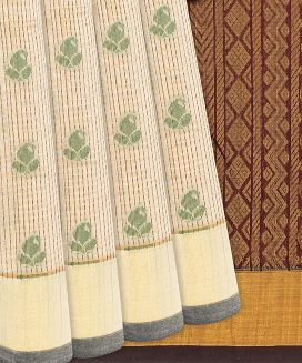 Cream Handloom Silk Cotton Saree With Stripes & Mango Buttas
