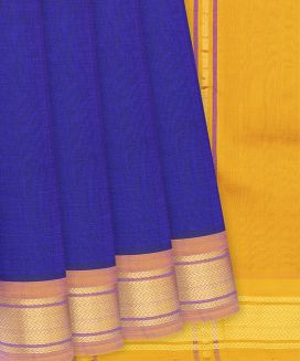 Blue Handloom Silk Cotton Saree With Mustard Pallu
