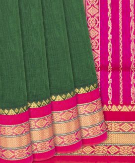 Dark Green Handloom Silk Cotton Saree With Pink Border
