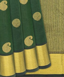 Dark Green Handloom Silk Cotton Saree With Mango Buttas
