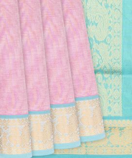 Baby Pink Handloom Silk Cotton Saree With Turquoise Border
