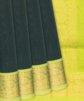 Bottle Green Handloom Silk Cotton Saree With Light Green Border
