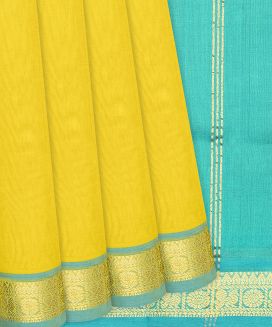 Lemon Yellow Handloom Silk Cotton Saree With Turquoise Border
