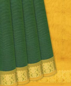 Dark Green Handloom Silk Cotton Saree With Mustard Pallu
