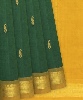 Dark Green Handloom Silk Cotton Saree With Mango Motifs
