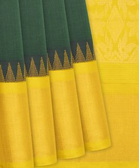 Bottle Green Handloom Silk Cotton Saree With Mustard Border
