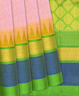 Baby Pink Handloom Silk Cotton Saree With Green Border
