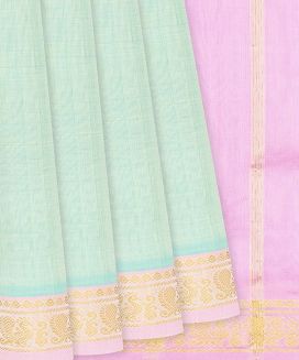 Turquoise Handloom Silk Cotton Saree With Pink Border
