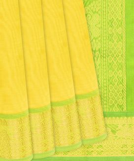 Lemon Yellow Handloom Silk Cotton Saree With Green Border
