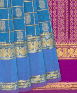Light Blue Handloom Silk Cotton Saree With Checks
