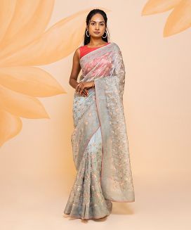 Light Blue Supernet Saree Embroidered With Floral Motifs
