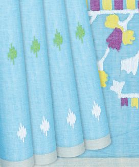 Sky Blue Handloom Dhakai Cotton Saree With Temple Motifs
