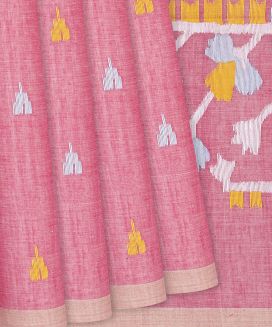 Bubble-gum Pink Handloom Dhakai Cotton Saree With Temple Motifs
