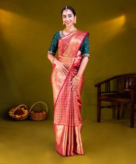 Crimson Handloom Kanchipuram Silk Saree With Gandaberunda & Annam Motifs
