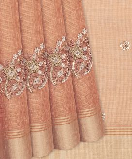Dark Peach Woven Tissue Saree With Embroidered Floral Motifs
