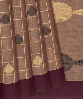 Brown Handloom Village Cotton Saree With Checks
