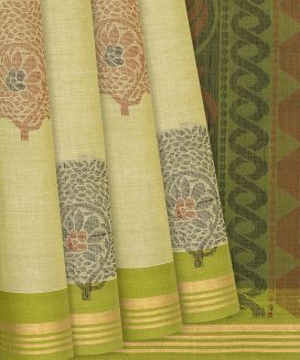 Pista Green Handloom Village Cotton Saree With Flower Motifs
