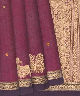 Crimson Handloom Village Cotton Saree With Flower and Animal Motifs
