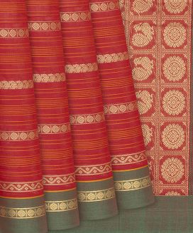 Red Handloom Village Cotton Saree With Stripes
