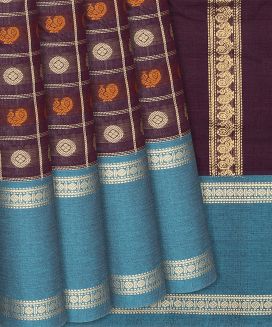 Purple Handloom Village Cotton Saree With Kamalam Motifs And Checks
