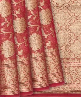 Crimson Handloom Cotton Saree With Floral Vine Motifs
