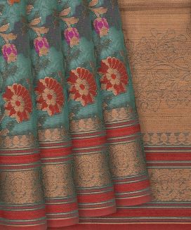Shadow Green Handloom  Cotton Saree With Meena Floral Motifs
