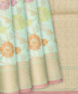 Turquoise Handloom  Cotton Saree With Floral Vine Motifs
