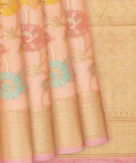 Light Peach Handloom  Cotton Saree With Floral Vine Motifs
