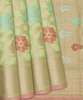 Cardamom Green Handloom Cotton Saree With Floral Vine Motifs
