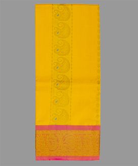 Yellow Handloom Silk Pavadai Material With Mango Motifs (0.91 Meter)
