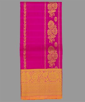 Hot Pink Handloom Silk Pavadai Material With Floral Motifs & Stripes (0.91 Meter)
