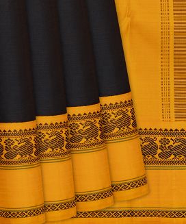 Black Handloom Kanchipuram Korvai Silk Saree With Mustard Border
