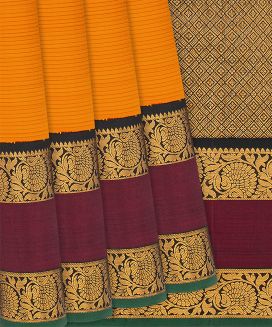 Mango Yellow Handloom Kanchipuram Korvai Silk Saree With Stripes
