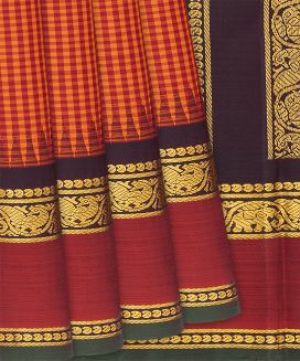Orange Handloom Kanchipuram Korvai Silk Saree With Checks
