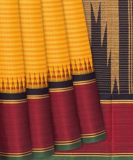 Yellow Handloom Kanchipuram Korvai Silk Saree With Checks

