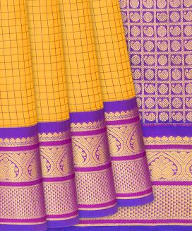 Yellow Handloom Kanchipuram Korvai Silk Saree With Purple Border
