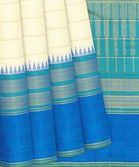 Cream Handloom Kanchipuram Korvai Silk Saree With Stripes

