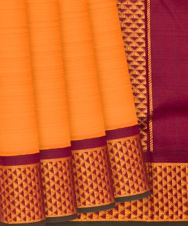 Mango Yellow Handloom 9 Yards Korvai Silk Saree With Crimson Border
