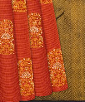 Red Handloom Kanchipuram Silk Saree With Stripes & Buttas
