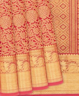 Crimson Handloom Kanchipuram Silk Saree With Floral Vine Motifs

