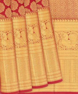 Crimson Handloom Kanchipuram Silk Saree With Floral Motifs
