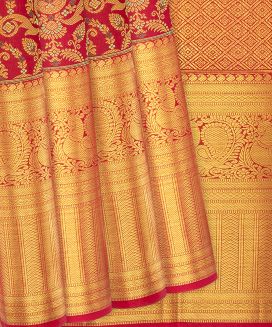 Crimson Handloom Kanchipuram Silk Saree With Meena Floral Motifs
